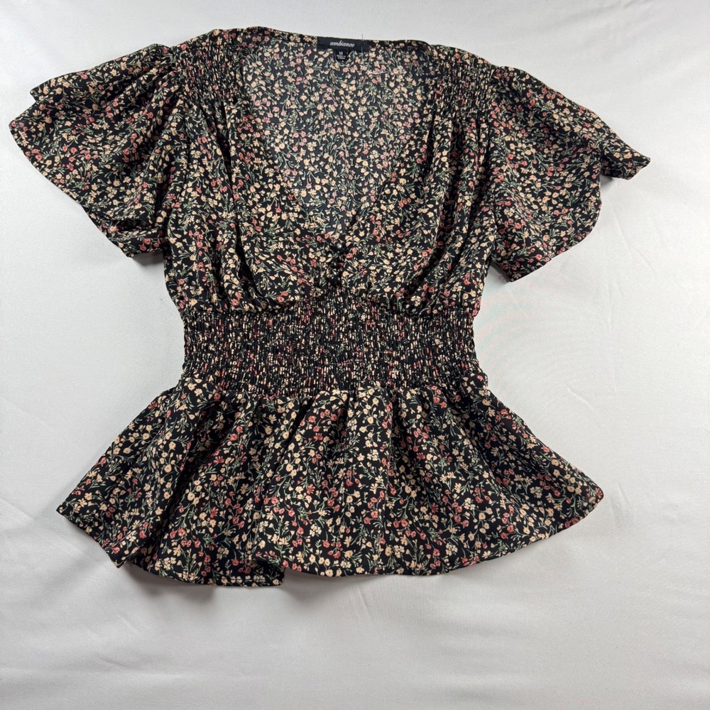 Ambiance Floral Peplum Top Womens Med. Black Ditsy V-Neck Smocked Waist 74168-1